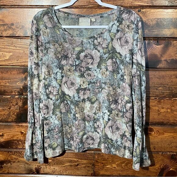 Dantelle Velour-Plush Floral Sweater W/ Bell Sleeves Women's Size Medium - Picture 10 of 10